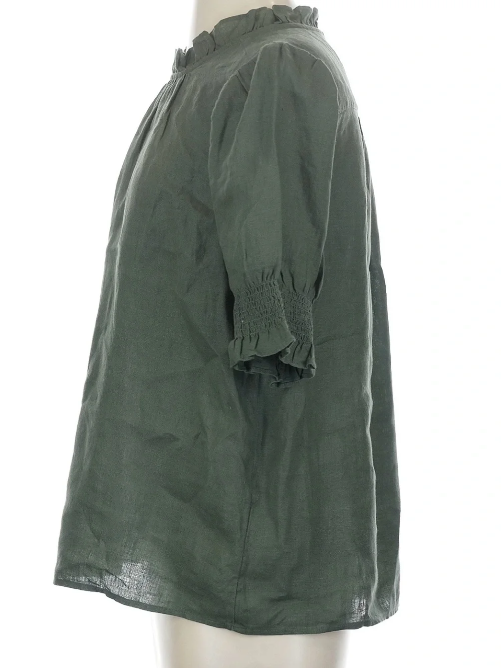 J. Crew Linen Olive Green Ruffle Neck Short Sleeve Blouse